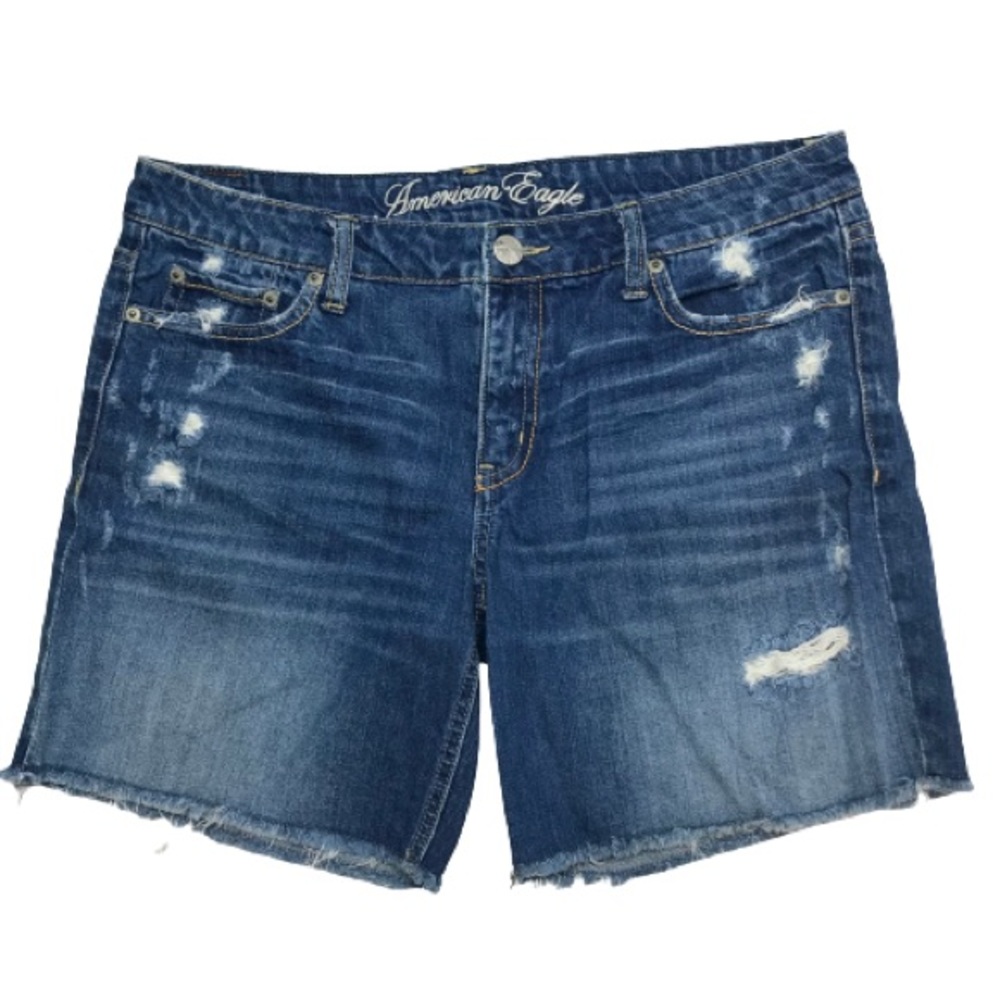 AEO Distressed Denim Short Women’s 10 Mid-rise Stretch Medium Wash Cut Off Jean